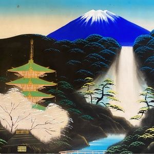 MidCentury Vintage Original Oriental Oil on Silk Painting, 15” x 13”. Unmatted